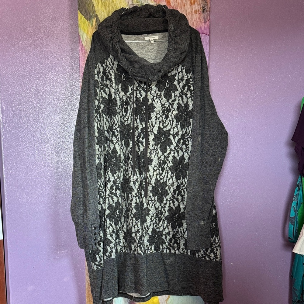 Maurices Charcoal and Black Lace Cowl Neck Sweater/dress